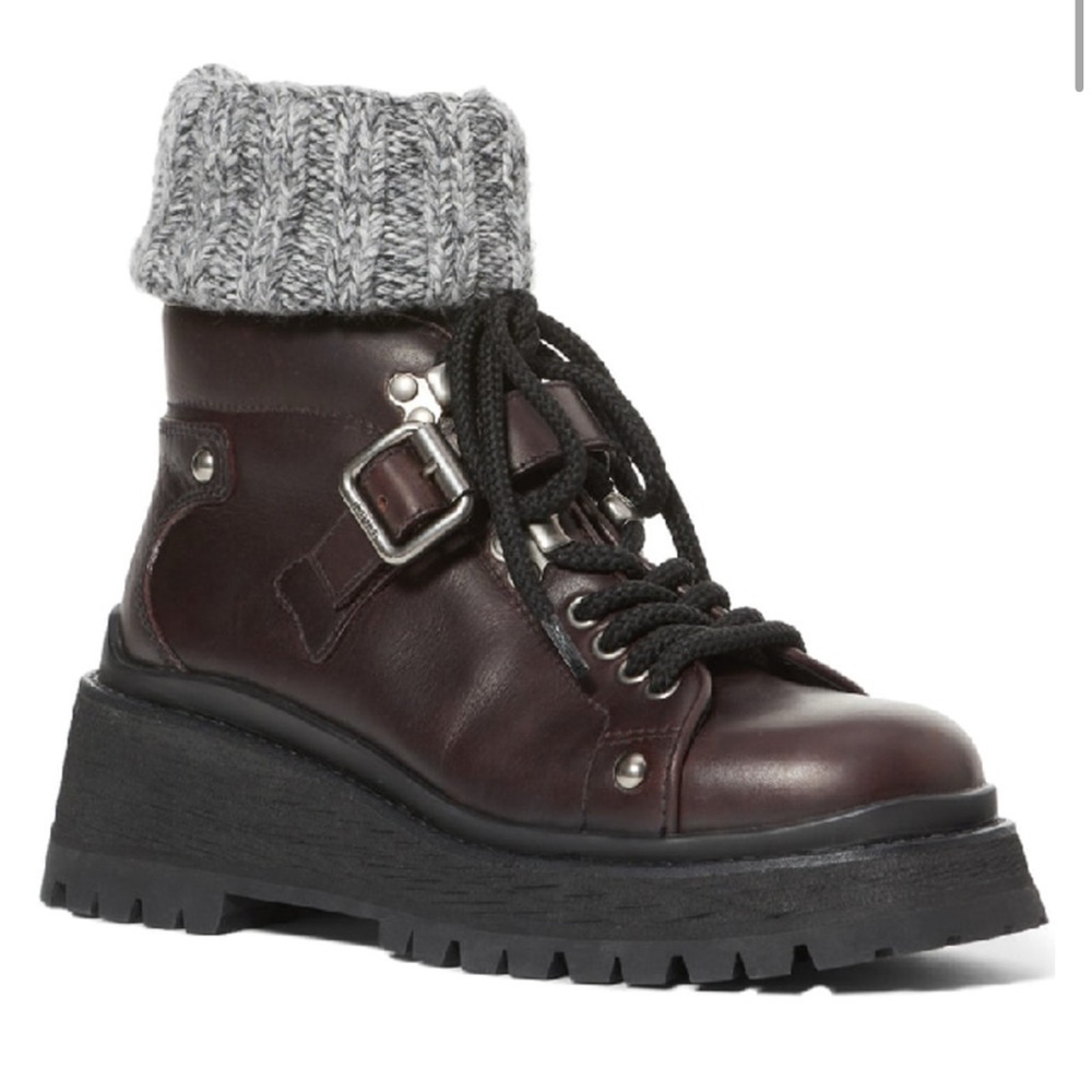 Miu Miu Brown leather belted buckle knit sock platform combat booths, sz.39,9.
